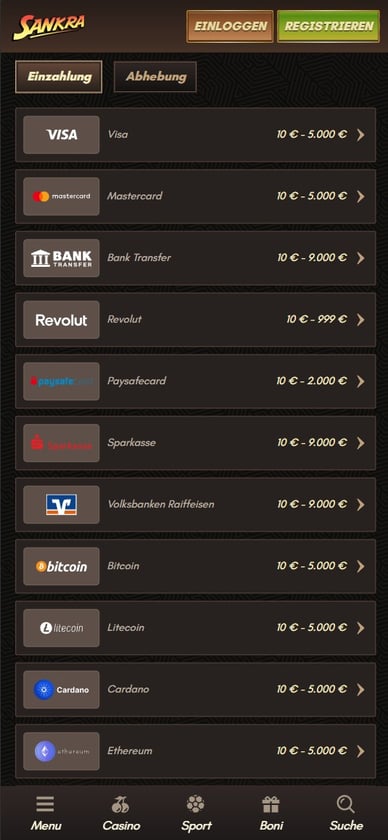 Einzahlung im Casino Sankra 1 Deposit