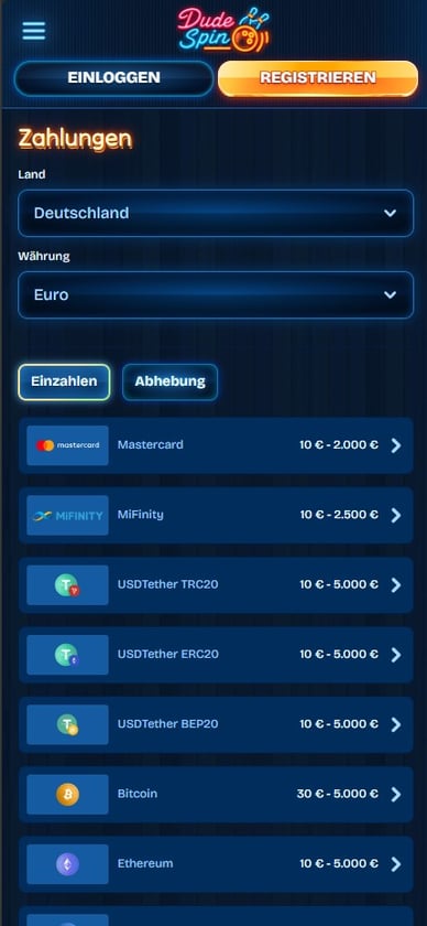Dudespin Casino Online Einzahlungsmethoden