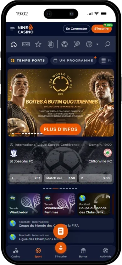 Paris sportifs dans Nine Casino Application. Section sport de Nine Casino Application.