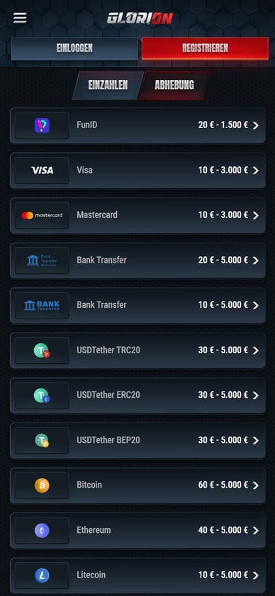 Glorion Casino DE Auszahlungsmethoden