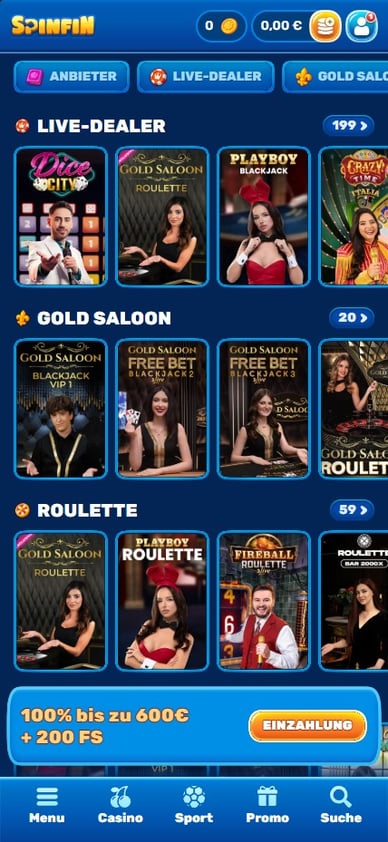 Casino mit Live Dealer Spinfin Live Casino