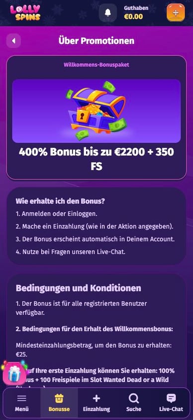 Willkommensbonus Casino Willkommensbonuspaket im Lolly Spins Online Casino