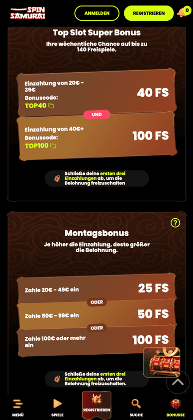 Bonusangebote und Aktionen im Spin Samurai Casino