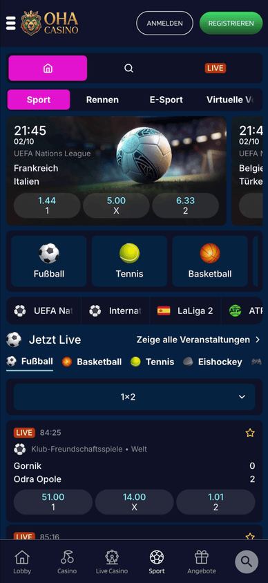 Das Sportangebot des OHA Casinos Sportbereich mit Wettmöglichkeiten im OHA Casino