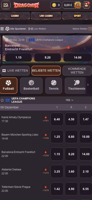 Sportwettenbereich im Casino Casino Dragonia Sportwetten