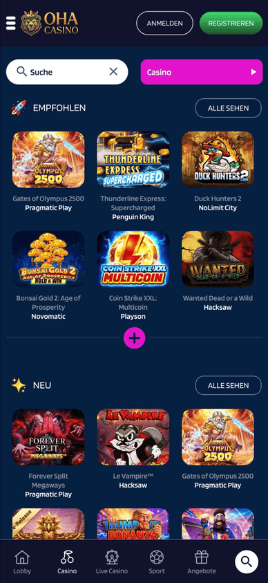 Die Spieleauswahl des OHA Casinos Auswahl an Glücksspielen im OHA Casino