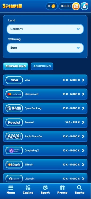 Einzahlungsmethoden Casino Einzahlungs in Spinfin-Casino