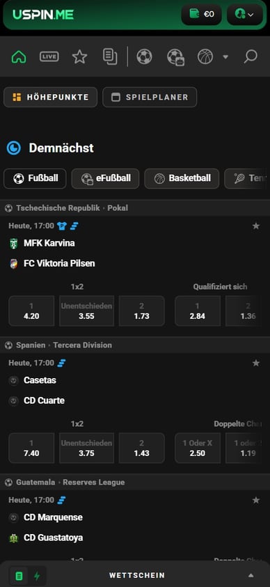 Sportwetten-Bereich im Casino Uspin Casino Online Sportwetten