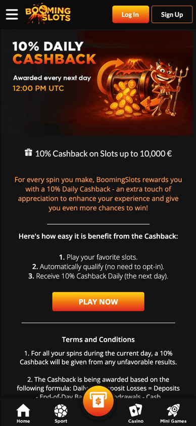Das tägliche 10-Prozent-Cashback bei Booming Slots Tägliches Cashback-Angebot im Booming Slots Casino