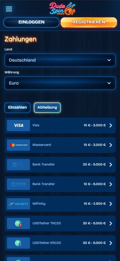 Dudespin Online Casino Auszahlungsmethoden