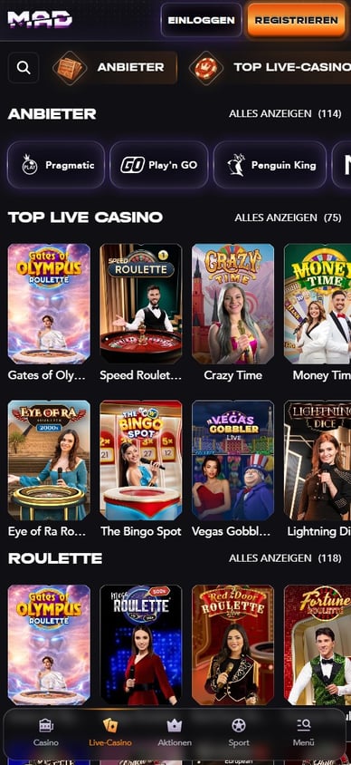 Casino Online mit Live Dealer Mad Live Casino