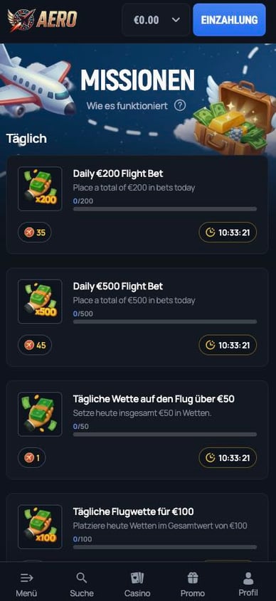 Missionen im Aerobetcasino