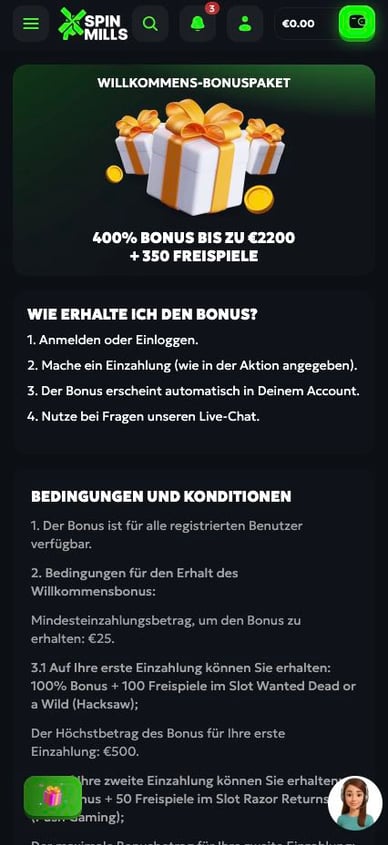 Willkommensbonus-Paket im Casino SpinMills