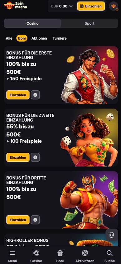 Willkommensprogramm in Casino Spin Macho Casino Welcome Bonus