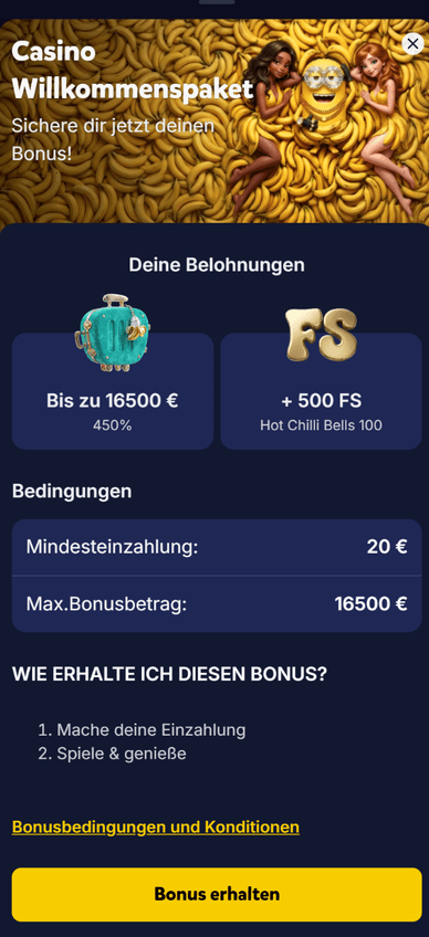 Wilkkommenboni im Casino Willkommenbonus im Online Casino Bananzia