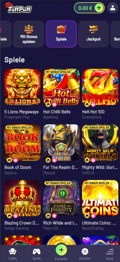 Spielautomaten im Casino Slots im TuffPuff Casino Online