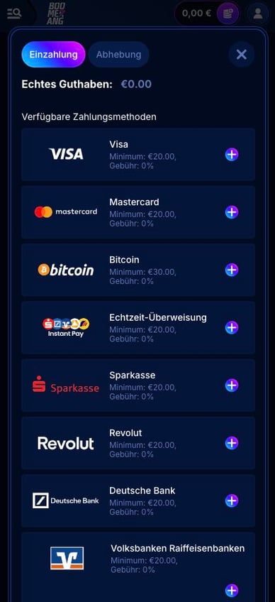 Einzahlung im Casino Boomerang Bet