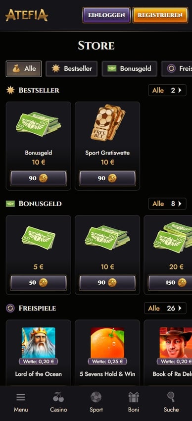 Casino mit Bonus-Shop Bonus Shop im Onilne Casino Atefia