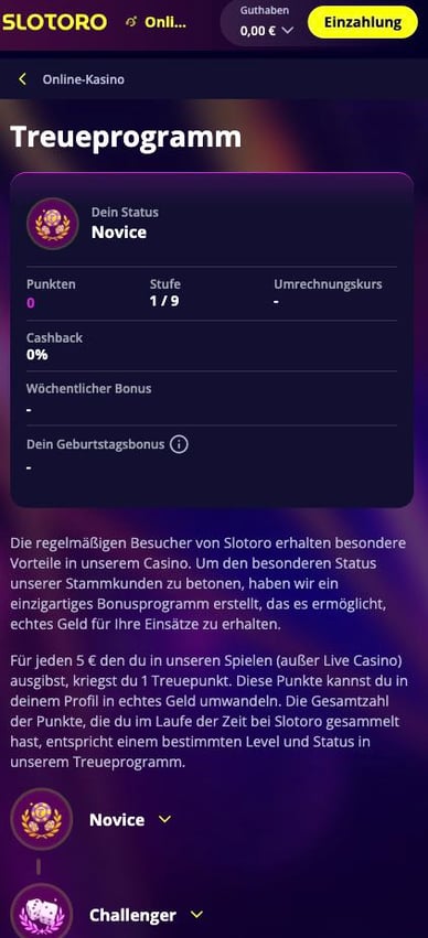 Treueprogramm im Casino Slotoro Casino DE Loyalitätsprogramm