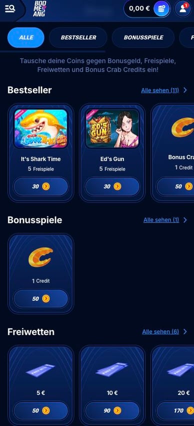 Bonus Shop im Boomerang Bet Online Casino