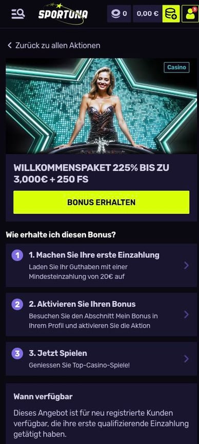Willkommensangebot von Casino Willkommensbonuspaket Sportuna Online Casino
