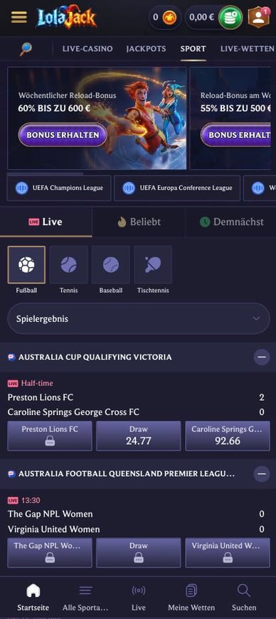 Sportwetten-Bereich in Casino Sportwetten in Lolajack Casino