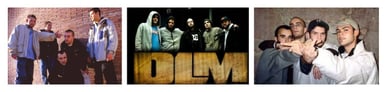 Fotografias de arquivo dos Dealema no início da carreira: fotos de grupo com uma parede de tijolos ao fundo, foto promocional com o logótipo DLM e os jovens membros do grupo com o estilo underground dos anos 90
